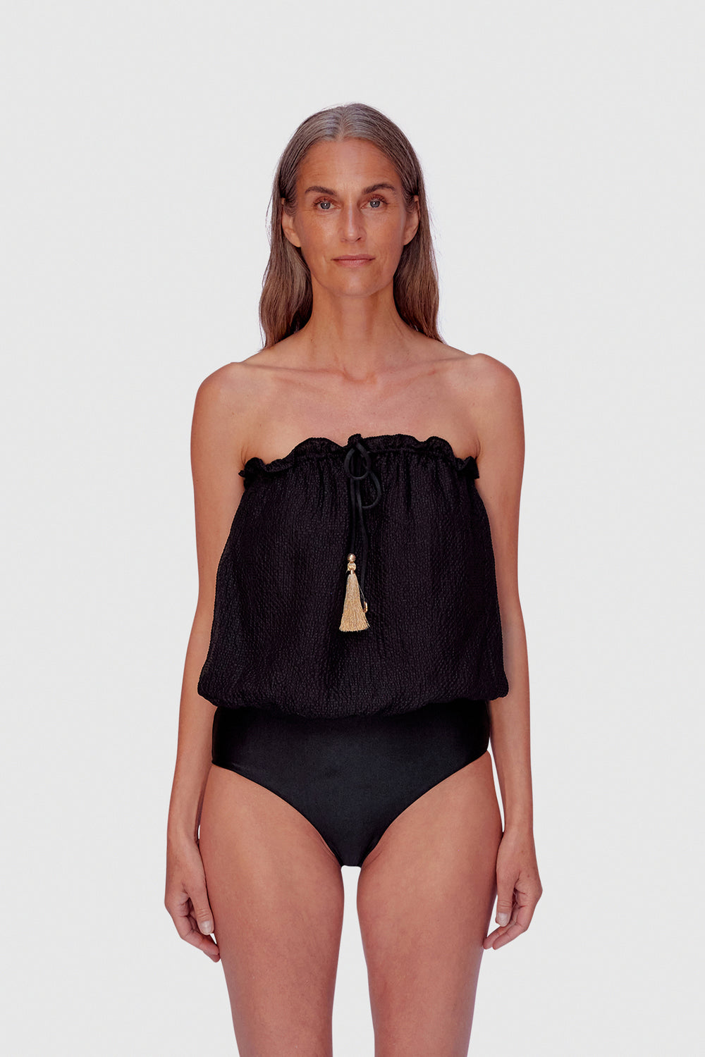 BLACK BANDEAU SILK SWIMSUIT