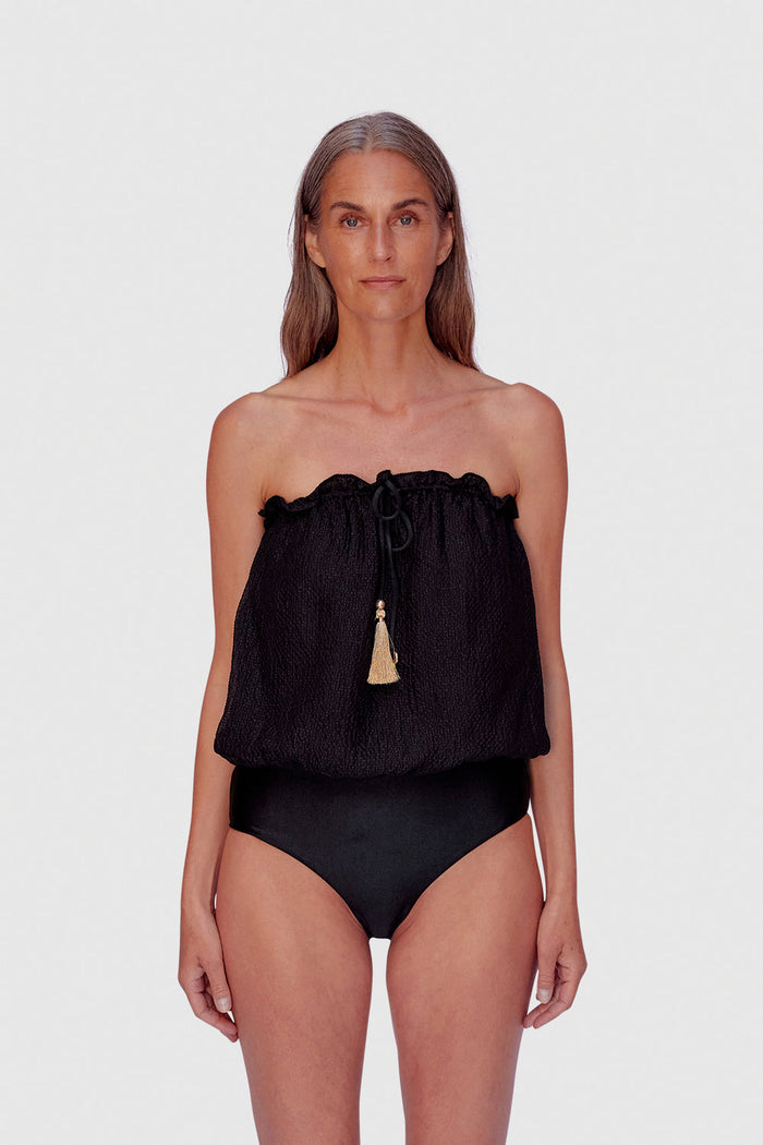 BLACK BANDEAU SILK SWIMSUIT