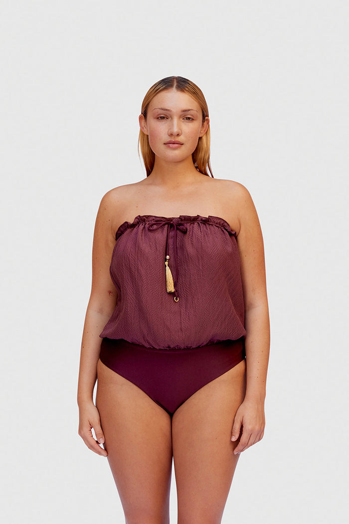 BORDEAUX BANDEAU SILK SWIMSUIT
