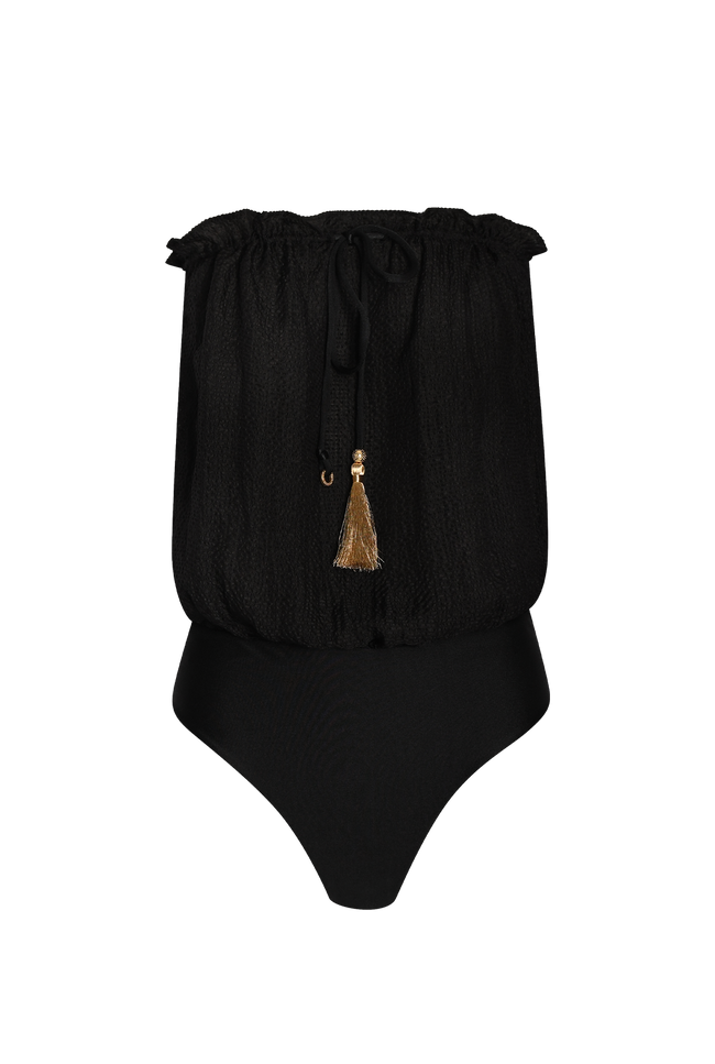 BLACK BANDEAU SILK SWIMSUIT
